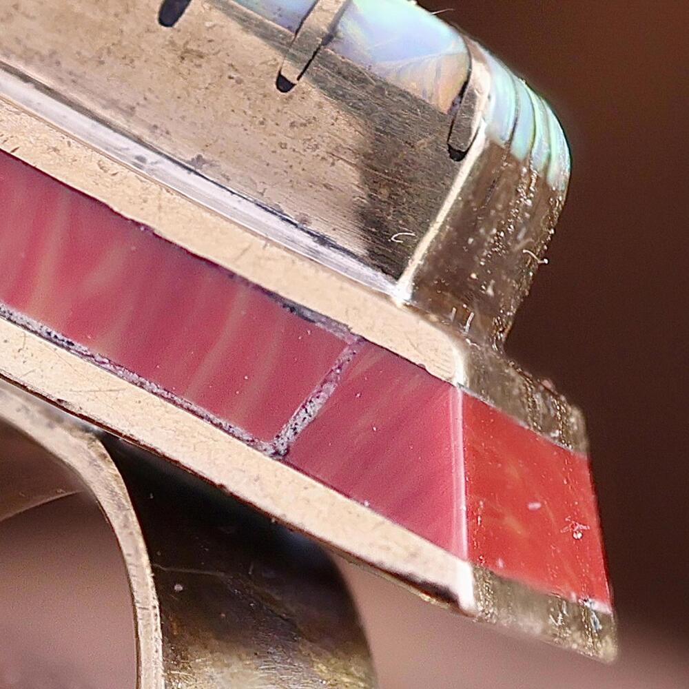 Vintage Larry Castillo Navajo Brass Coral Opal Inlay Brutalist SW Ring Size 9.25 - Picture 8 of 13